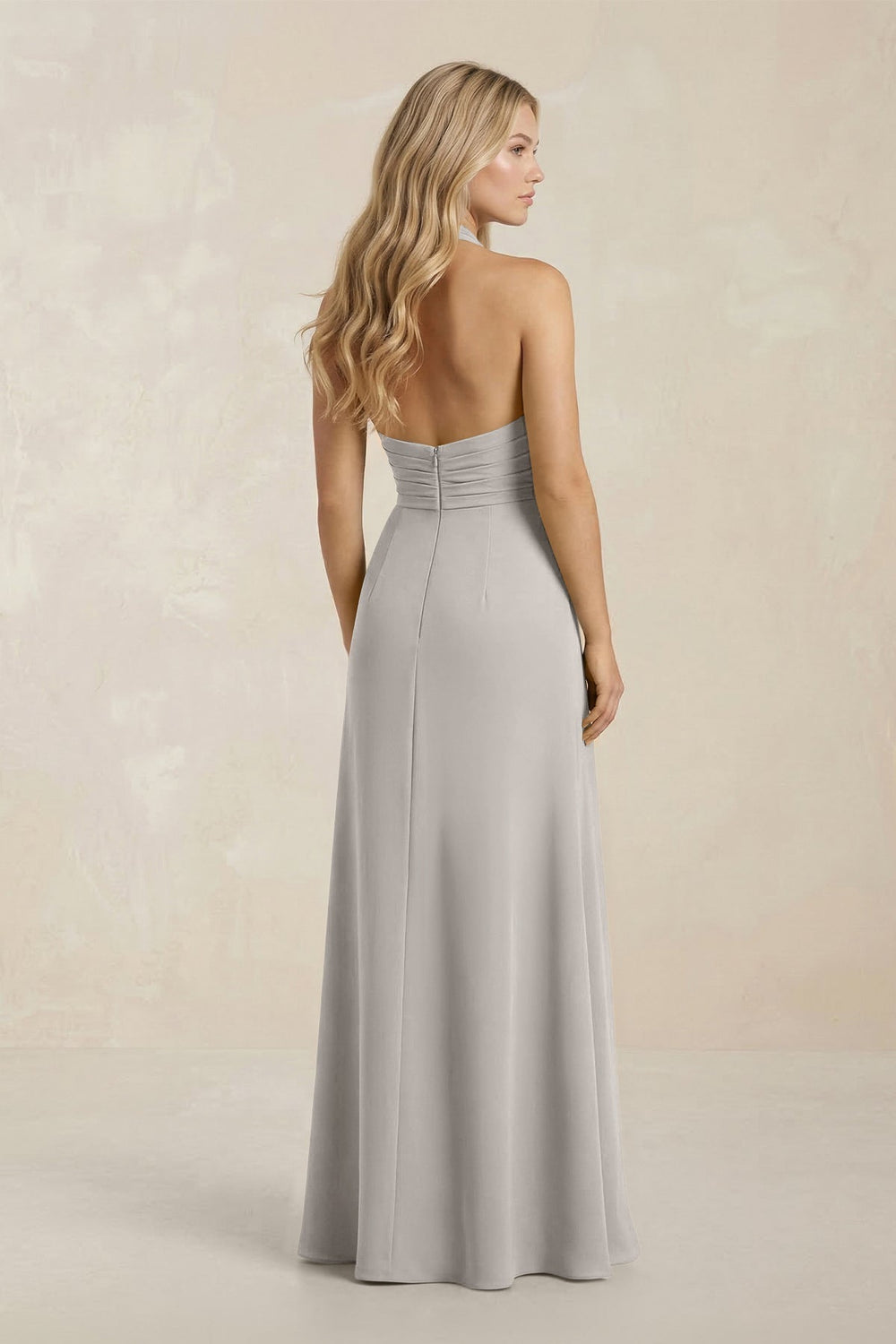 High Neck Chiffon Sheath Ruched Bridesmaid Dress in Silver