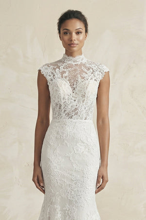 High - Neck Lace Mermaid Cap Sleeve Wedding Dress in White - KISS BRIDAL Wedding Dresses