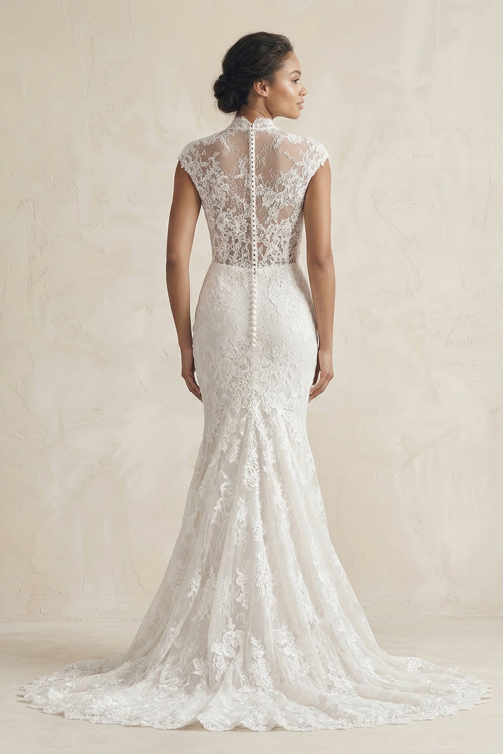 High-Neck Lace Mermaid Cap Sleeve Wedding Dress in White