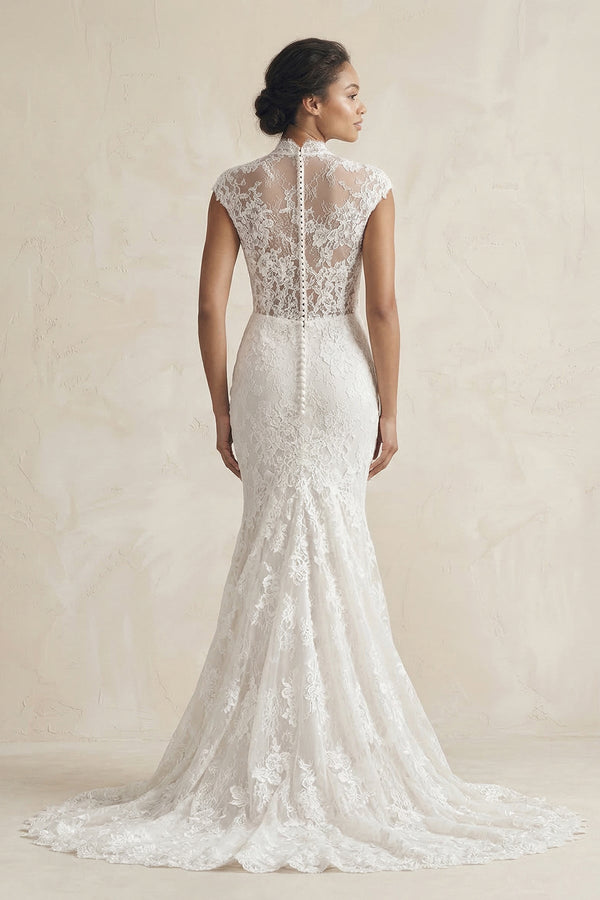 High - Neck Lace Mermaid Cap Sleeve Wedding Dress in White - KISS BRIDAL Wedding Dresses