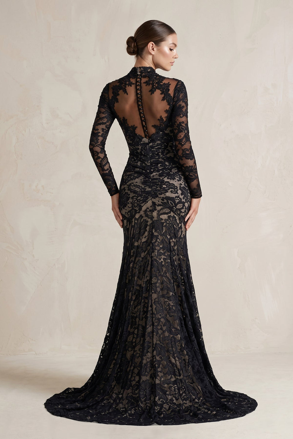 High-Neck Lace Mermaid Wedding Dress With Sleeves in Black