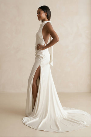 High - Neck Satin Mermaid Wedding Dress with Slit in Ivory - KISS BRIDAL Wedding Dresses