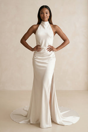 High - Neck Satin Mermaid Wedding Dress with Slit in Ivory - KISS BRIDAL Wedding Dresses