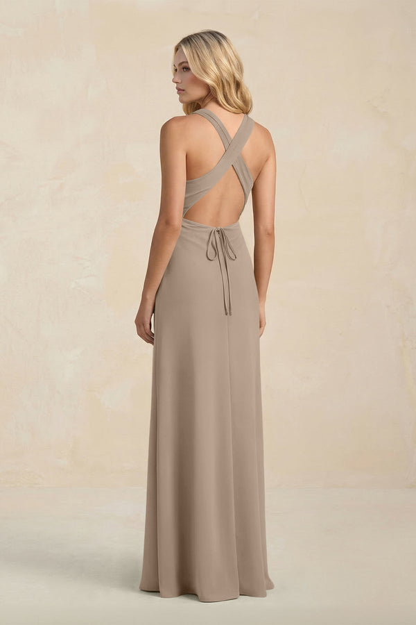 High Neck Sheath Chiffon Bridesmaid Dress in Almond (2) | KISSBRIDAL