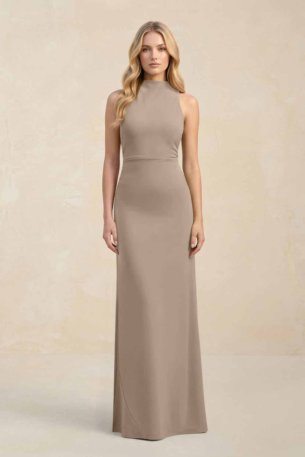 High Neck Sheath Chiffon Bridesmaid Dress in Almond