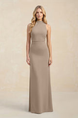 High Neck Sheath Chiffon Bridesmaid Dress in Almond | KISSBRIDAL