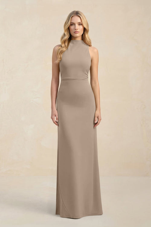 High Neck Sheath Chiffon Bridesmaid Dress in Almond | KISSBRIDAL