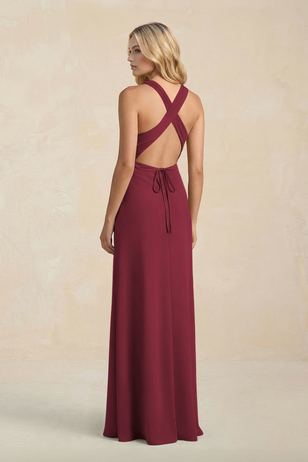 High Neck Sheath Chiffon Bridesmaid Dress in Berry (2) | KISSBRIDAL