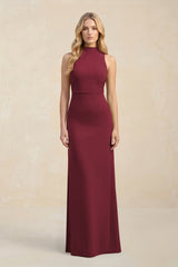 High Neck Sheath Chiffon Bridesmaid Dress in Berry | KISSBRIDAL