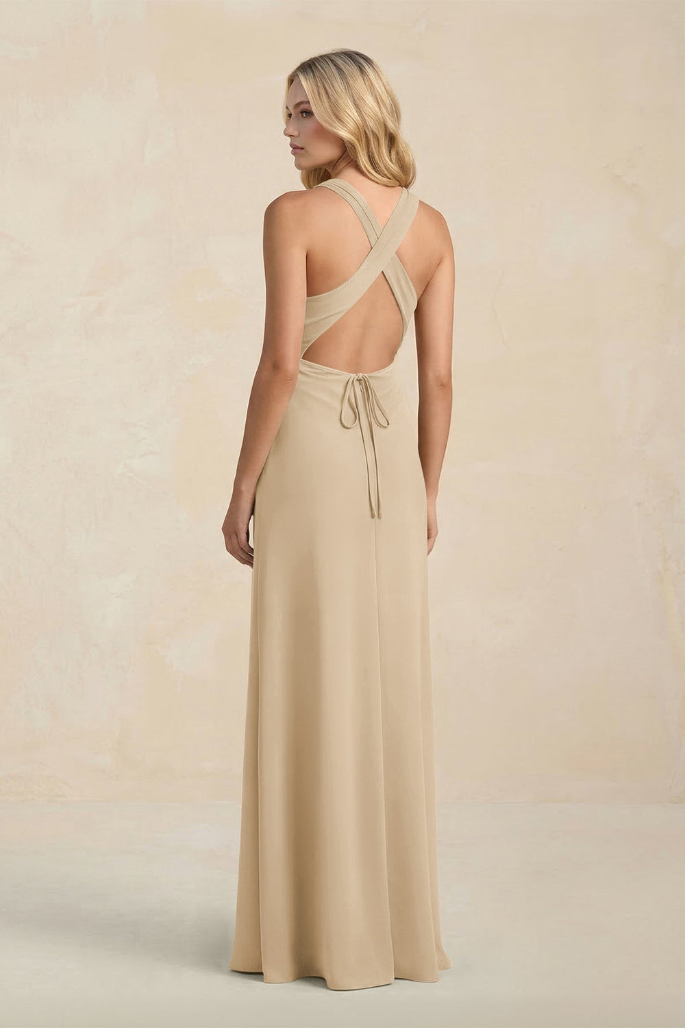 High Neck Sheath Chiffon Bridesmaid Dress in Champagne