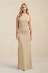 High Neck Sheath Chiffon Bridesmaid Dress in Champagne | KISSBRIDAL