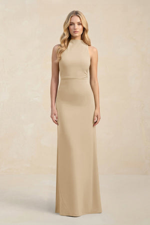 High Neck Sheath Chiffon Bridesmaid Dress in Champagne | KISSBRIDAL