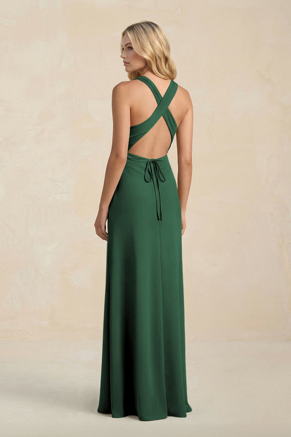 High Neck Sheath Chiffon Bridesmaid Dress in Dark Green (2) | KISSBRIDAL