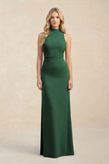 High Neck Sheath Chiffon Bridesmaid Dress in Dark Green | KISSBRIDAL