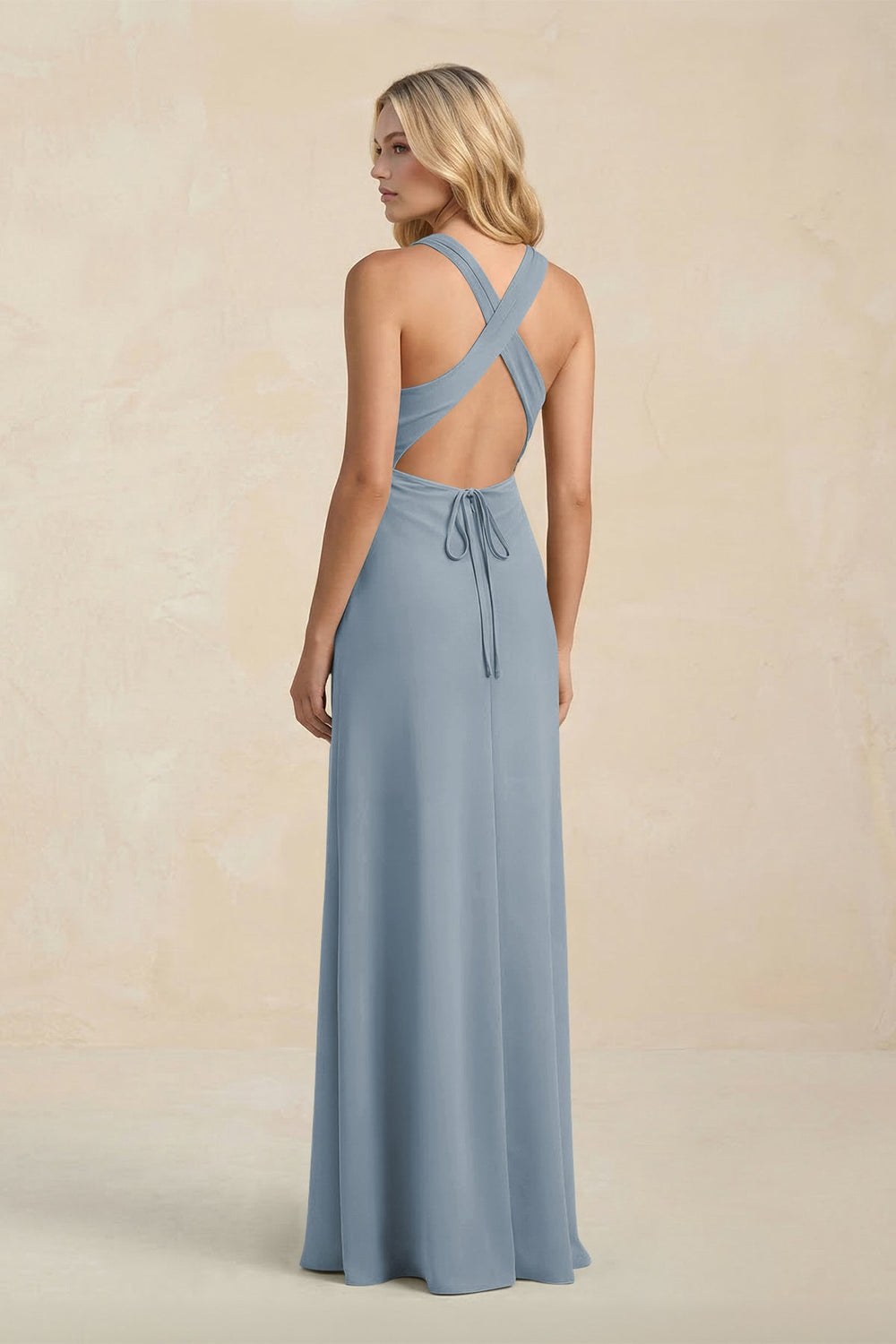 High Neck Sheath Chiffon Bridesmaid Dress in Dusty Blue