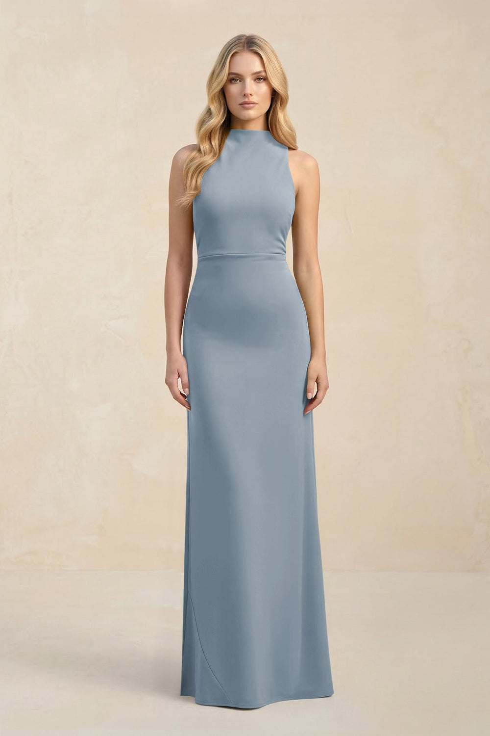 High Neck Sheath Chiffon Bridesmaid Dress in Dusty Blue
