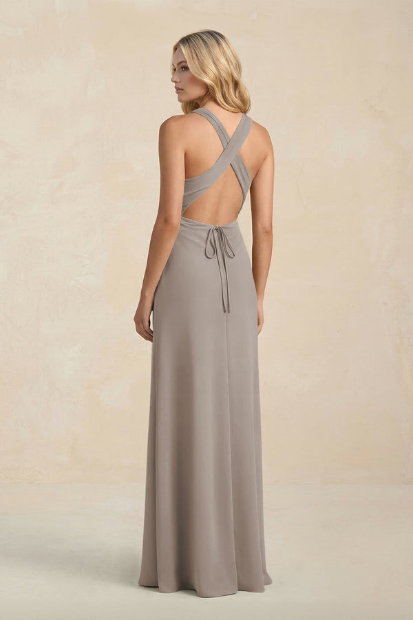 High Neck Sheath Chiffon Bridesmaid Dress in Frost (2) | KISSBRIDAL