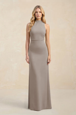 High Neck Sheath Chiffon Bridesmaid Dress in Frost | KISSBRIDAL