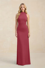 High Neck Sheath Chiffon Bridesmaid Dress in Merlot | KISSBRIDAL