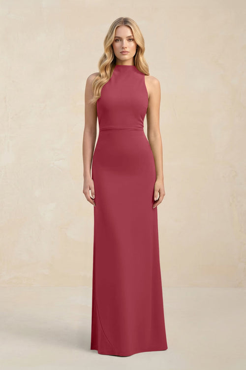 High Neck Sheath Chiffon Bridesmaid Dress in Merlot | KISSBRIDAL