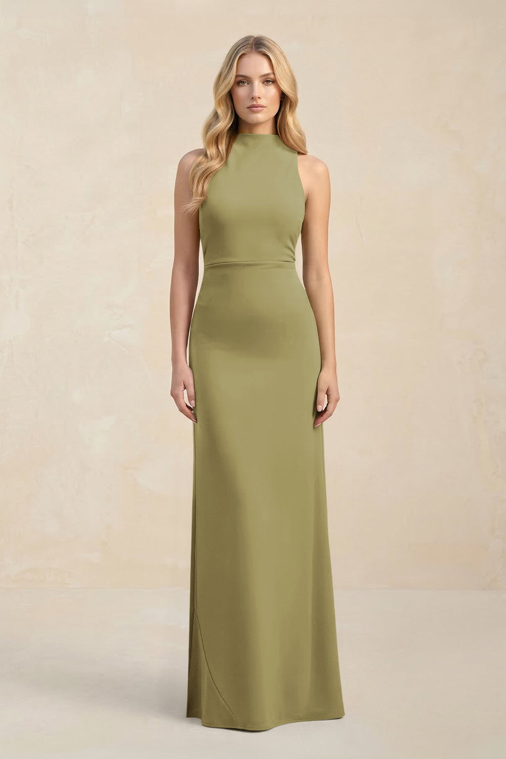 High Neck Sheath Chiffon Bridesmaid Dress in Moss Green