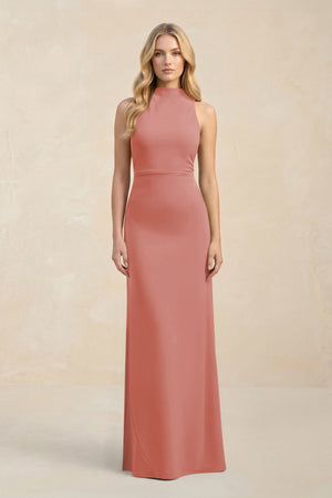 High Neck Sheath Chiffon Bridesmaid Dress in Mulberry | KISSBRIDAL