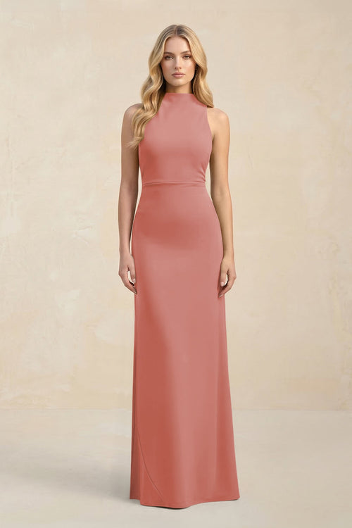 High Neck Sheath Chiffon Bridesmaid Dress in Mulberry | KISSBRIDAL