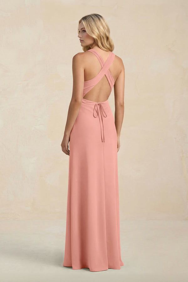 High Neck Sheath Chiffon Bridesmaid Dress in Rosette (2) | KISSBRIDAL