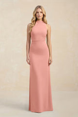 High Neck Sheath Chiffon Bridesmaid Dress in Rosette | KISSBRIDAL