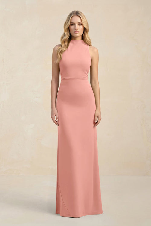 High Neck Sheath Chiffon Bridesmaid Dress in Rosette | KISSBRIDAL
