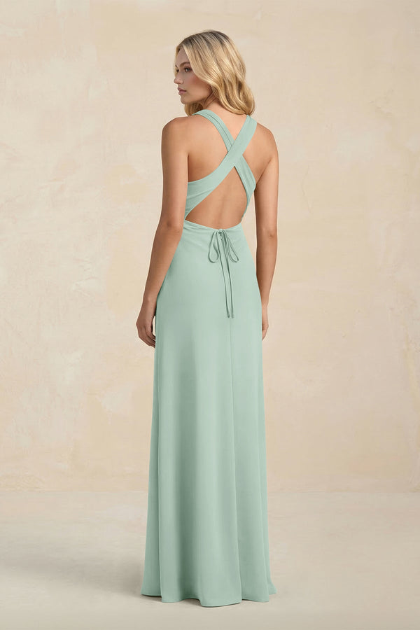 High Neck Sheath Chiffon Bridesmaid Dress in Sage (2) | KISSBRIDAL