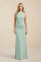 High Neck Sheath Chiffon Bridesmaid Dress in Sage | KISSBRIDAL