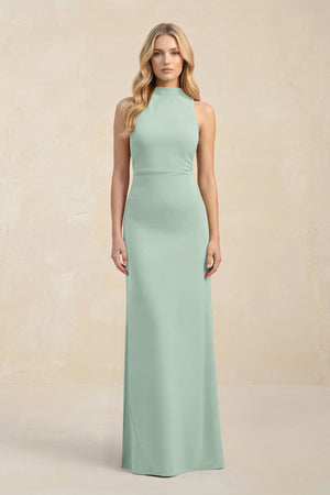 High Neck Sheath Chiffon Bridesmaid Dress in Sage | KISSBRIDAL
