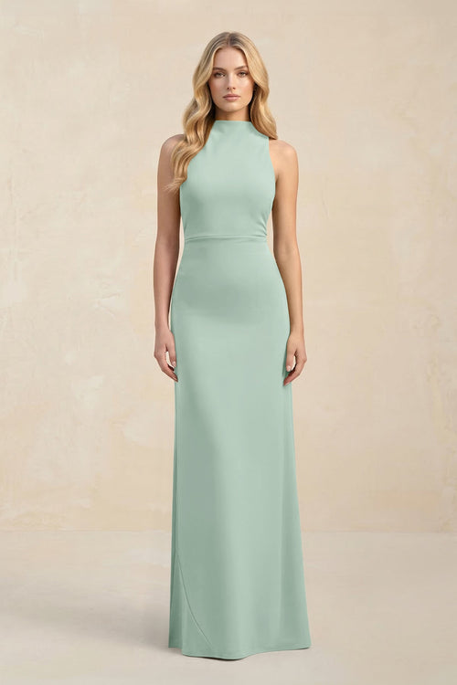 High Neck Sheath Chiffon Bridesmaid Dress in Sage | KISSBRIDAL