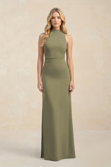 High Neck Sheath Chiffon Bridesmaid Dress in Thyme | KISSBRIDAL
