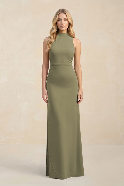 High Neck Sheath Chiffon Bridesmaid Dress in Thyme | KISSBRIDAL