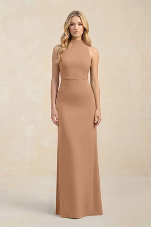 High Neck Sheath Chiffon Bridesmaid Dress With Slit in Bronzer - KISS BRIDAL Bridesmaid Dresses