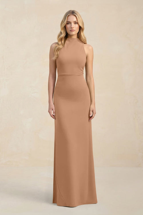 High Neck Sheath Chiffon Bridesmaid Dress With Slit in Bronzer - KISS BRIDAL Bridesmaid Dresses