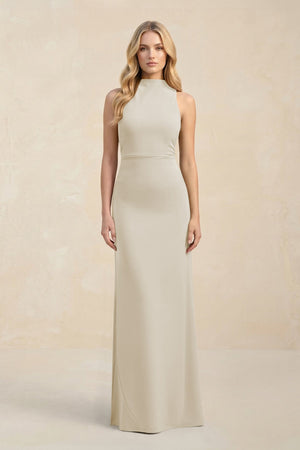 High Neck Sheath Chiffon Bridesmaid Dress With Slit in Dove Gray - KISS BRIDAL Bridesmaid Dresses