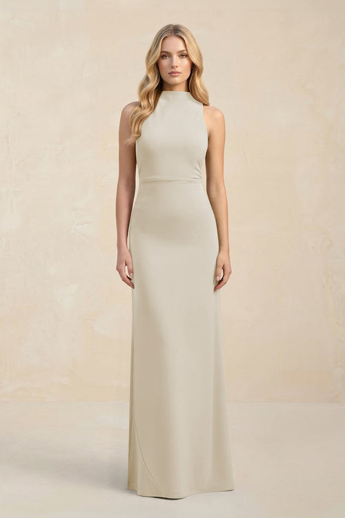 High Neck Sheath Chiffon Bridesmaid Dress With Slit in Dove Gray - KISS BRIDAL Bridesmaid Dresses