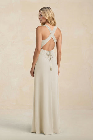 High Neck Sheath Chiffon Bridesmaid Dress With Slit in Dove Gray - KISS BRIDAL Bridesmaid Dresses