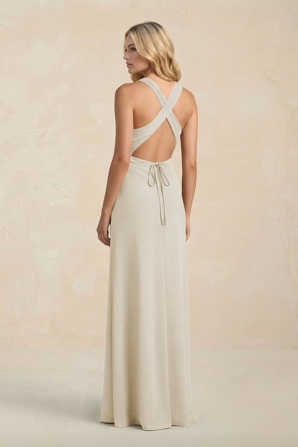 High Neck Sheath Chiffon Bridesmaid Dress With Slit in Dove Gray - KISS BRIDAL Bridesmaid Dresses