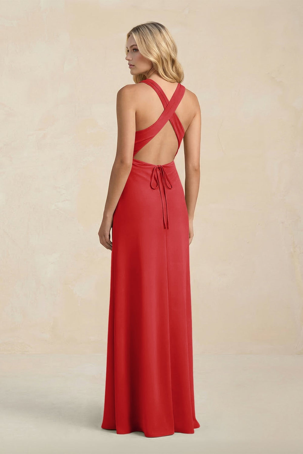 High Neck Sheath Chiffon Bridesmaid Dress in Ruby Red