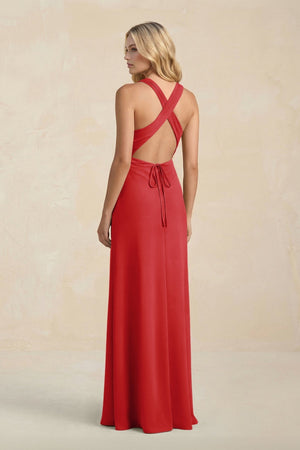 High Neck Sheath Chiffon Bridesmaid Dress With Slit in Ruby Red - KISS BRIDAL Bridesmaid Dresses