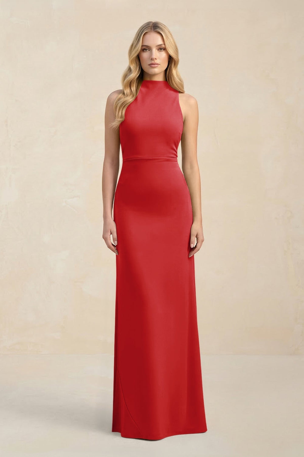 High Neck Sheath Chiffon Bridesmaid Dress in Ruby Red