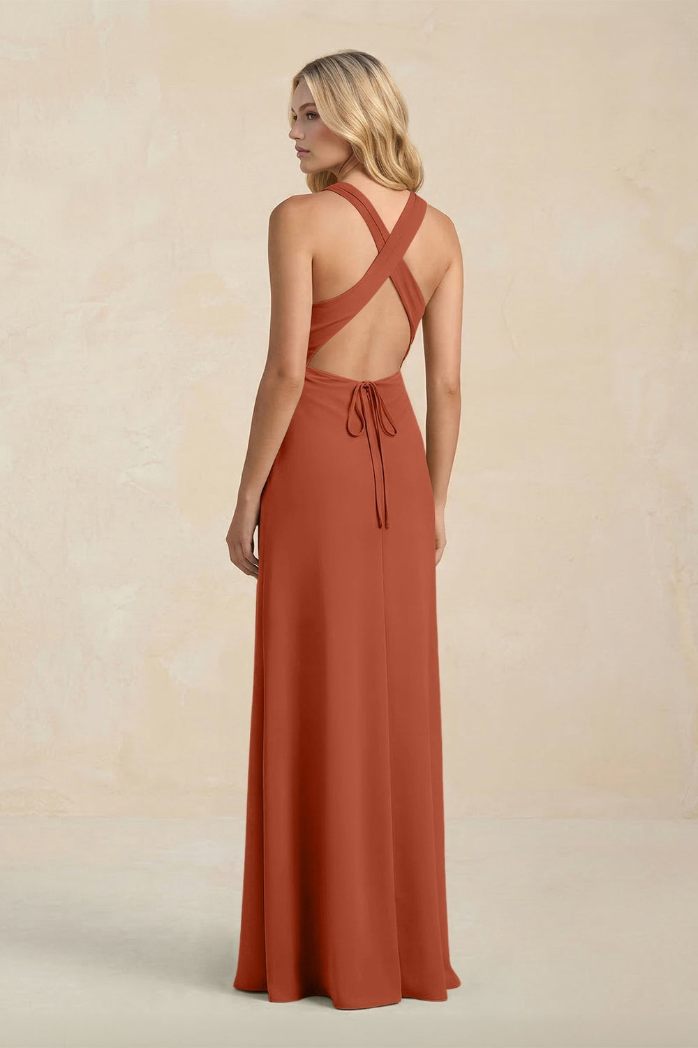 High Neck Sheath Chiffon Bridesmaid Dress in Spice