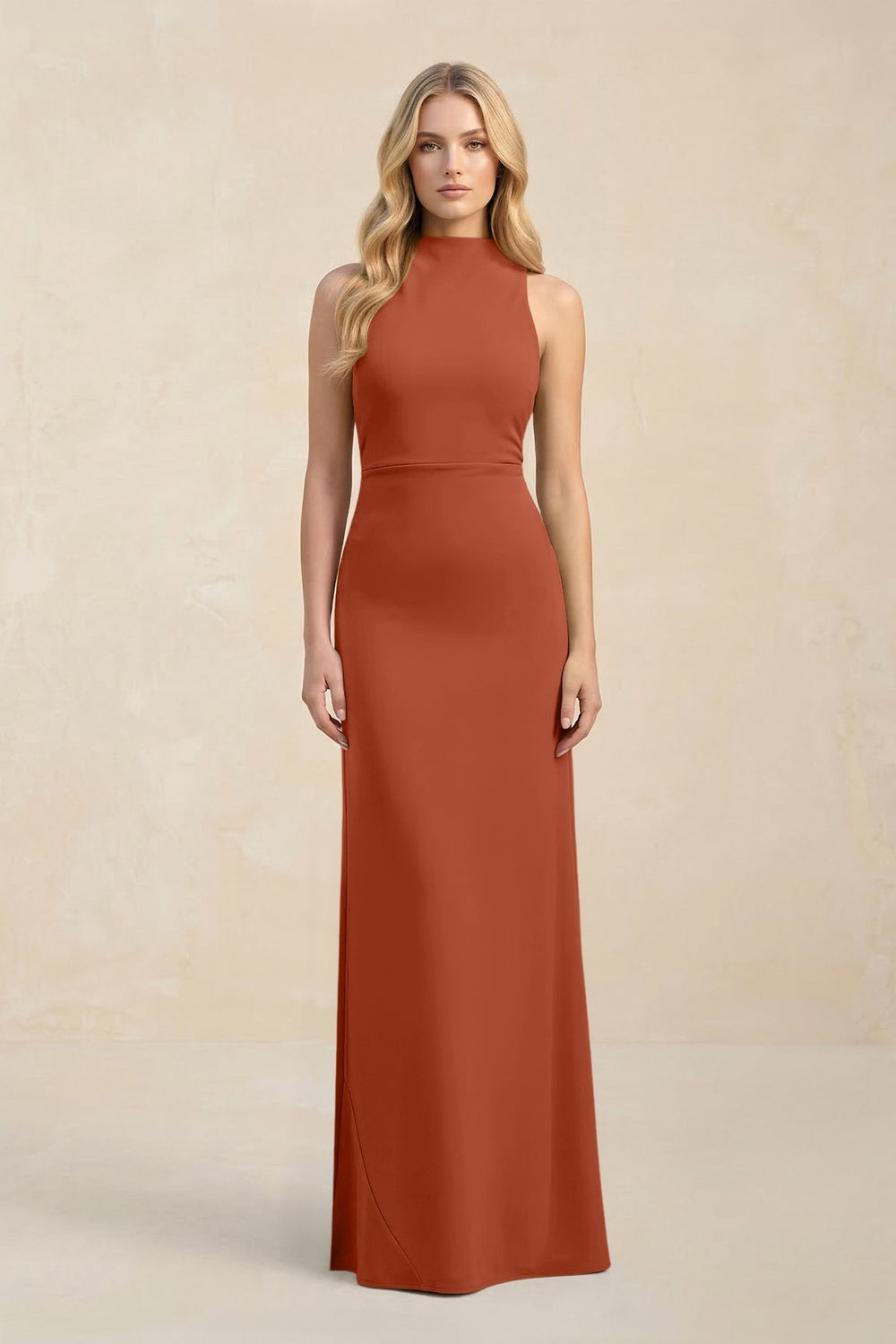 High Neck Sheath Chiffon Bridesmaid Dress in Spice