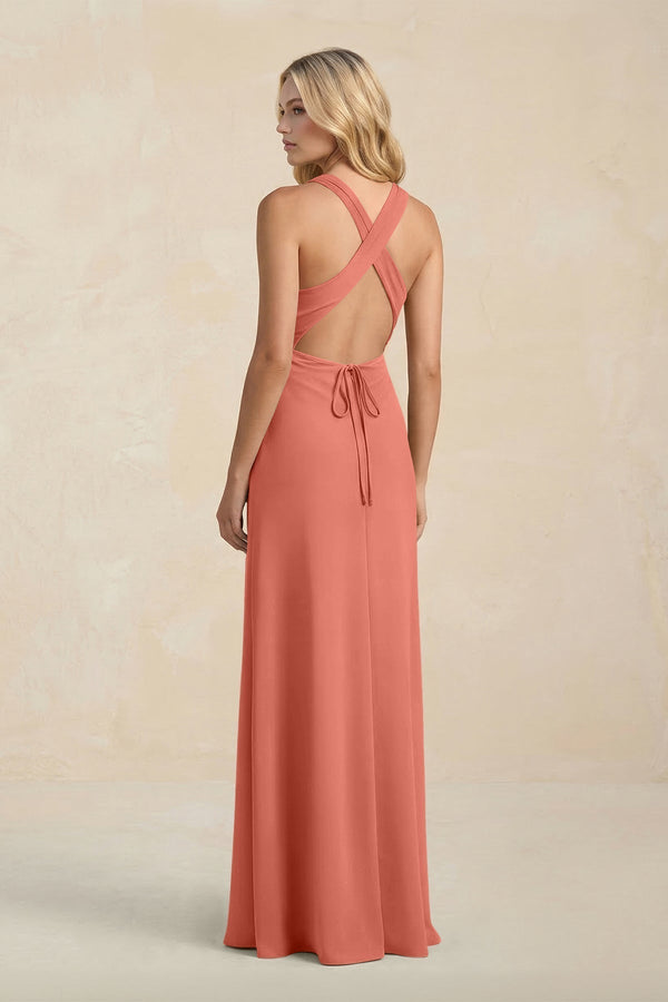 High Neck Sheath Chiffon Bridesmaid Dress With Slit in Wild Rose - KISS BRIDAL Bridesmaid Dresses