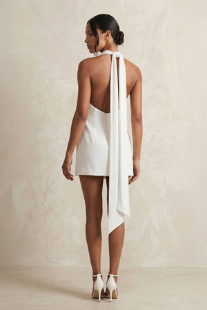 High - Neck Sheath Crepe Mini Wedding Dress in White - KISS BRIDAL Wedding Dresses