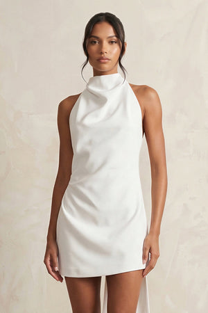 High - Neck Sheath Crepe Mini Wedding Dress in White - KISS BRIDAL Wedding Dresses